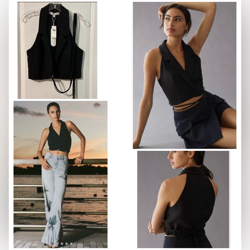NWT Anthropologie Flat White Crop Wrap Halter Vest, Small, Black